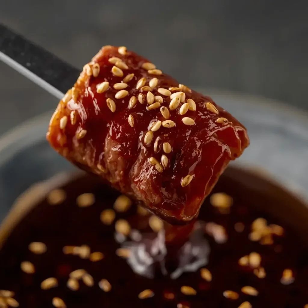 Carne bovina fatiada finamente mergulhada em um molho escuro com sementes de gergelim por cima.