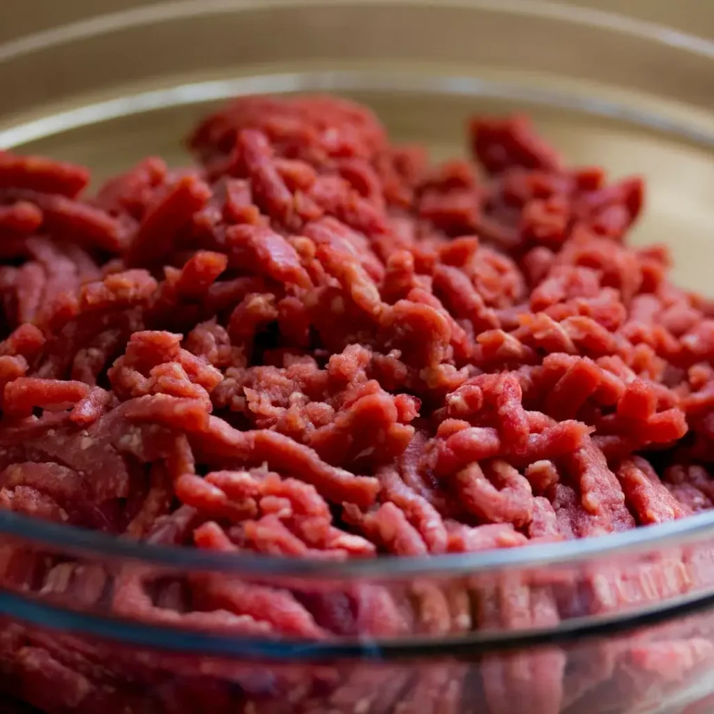 Close de carne bovina moída bem vermelha e magra em uma tigela de aço, pronta para ser temperada.