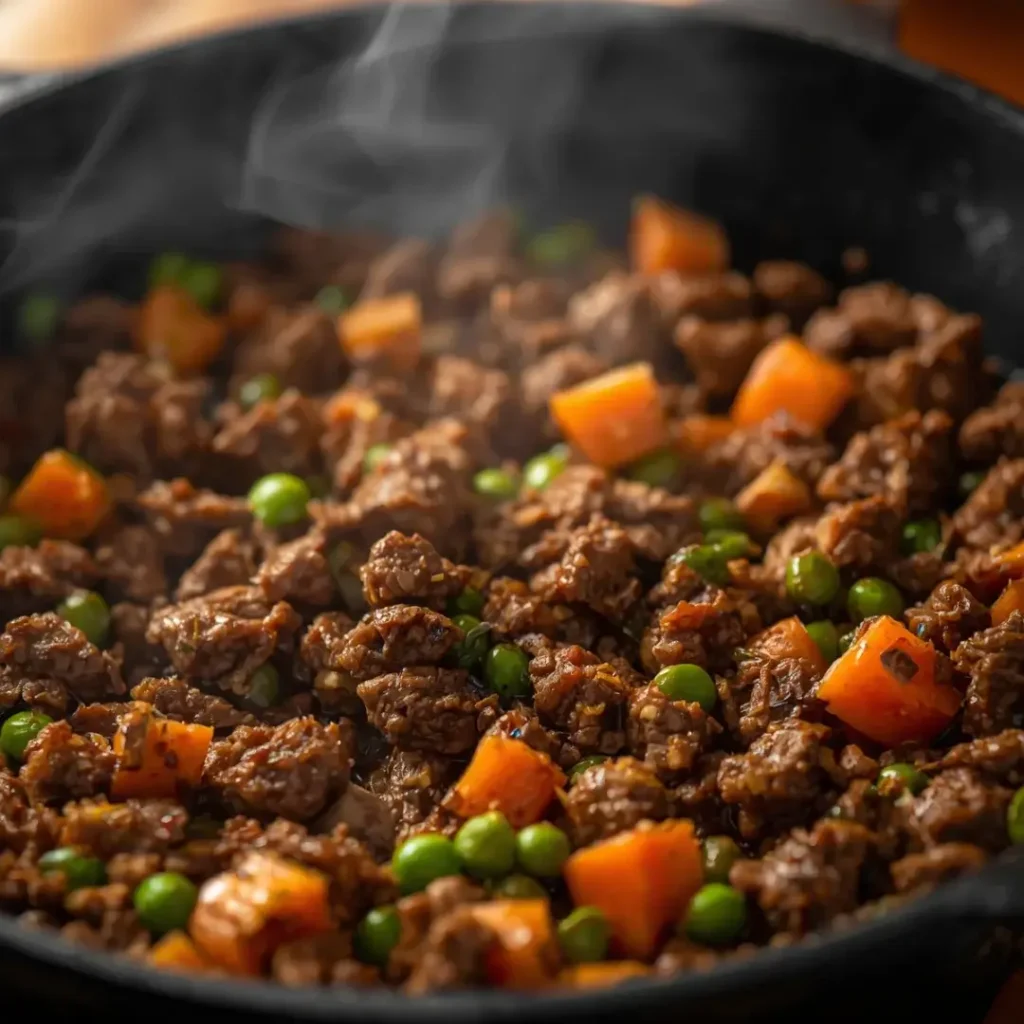 Close de carne moída refogada com pequenos cubos de cenoura e ervilhas verdes em uma panela de ferro preta.