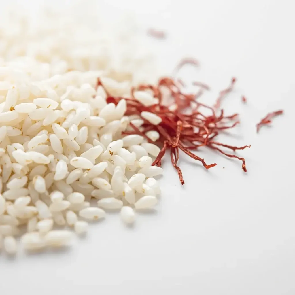 Close de grãos de arroz branco curto ao lado de pequenos fios vermelhos de açafrão seco.