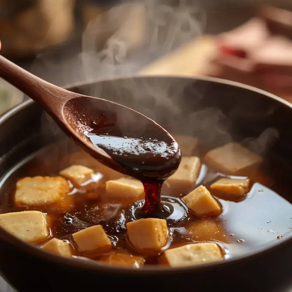 Close de uma colher de madeira mergulhando pasta de miso em um caldo fumegante com pedaços de tofu.