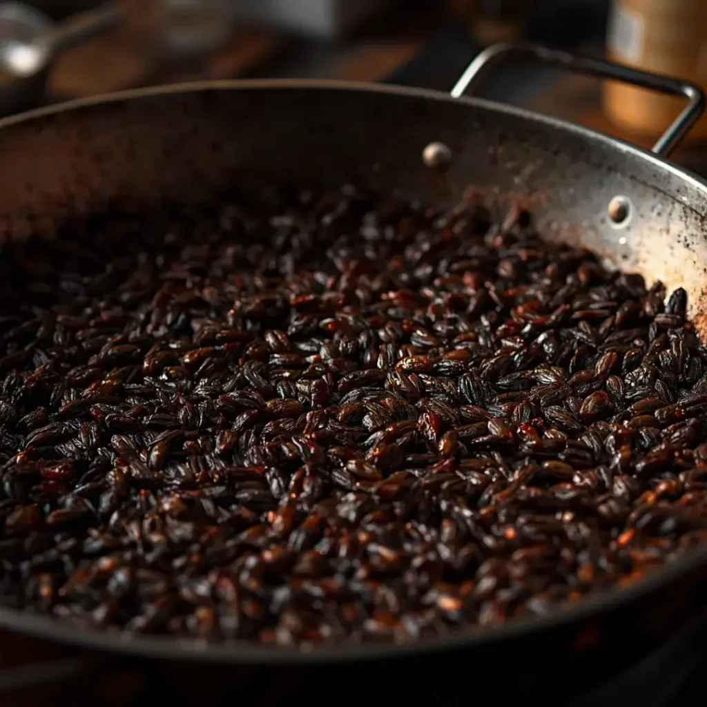 Close do fundo de uma panela de metal mostrando grãos de arroz escuros e tostados, a base crocante da paella.