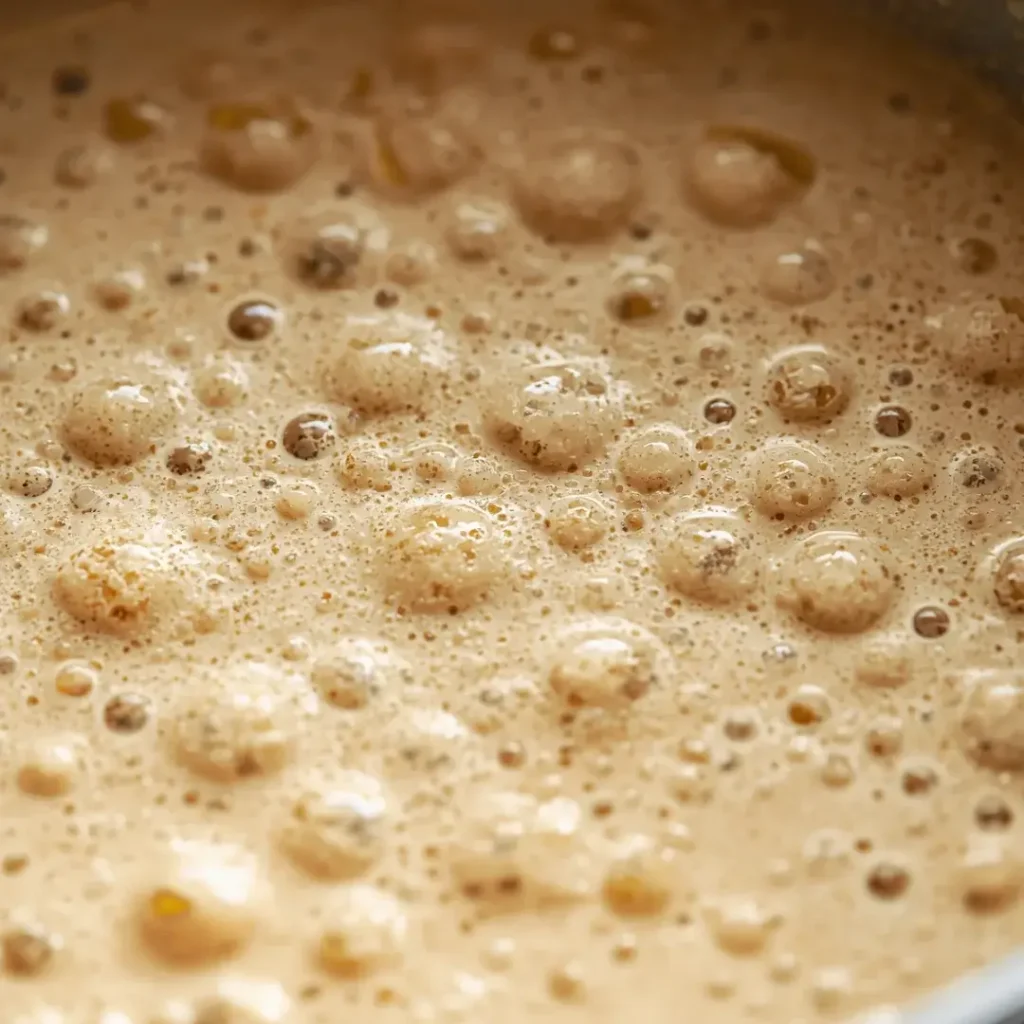 Close-up de uma tigela com massa de waffle líquida apresentando bolhas de fermentação na superfície.