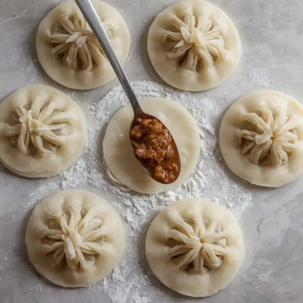 Discos de massa de gyoza brancos com uma colher de recheio de carne no centro sobre uma mesa com farinha.