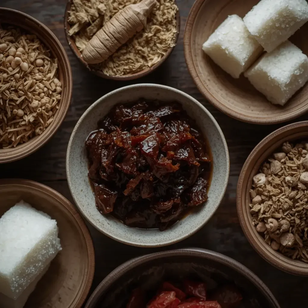 Ingredientes asiáticos em tigelas de cerâmica, com destaque para a pasta de tamarindo escura e blocos de açúcar de palma