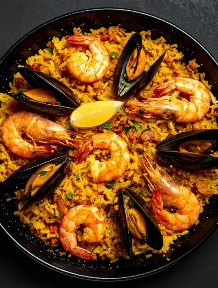 Panela de paella recheada com arroz amarelo, camarões grandes, mexilhões na concha e rodelas de limão.