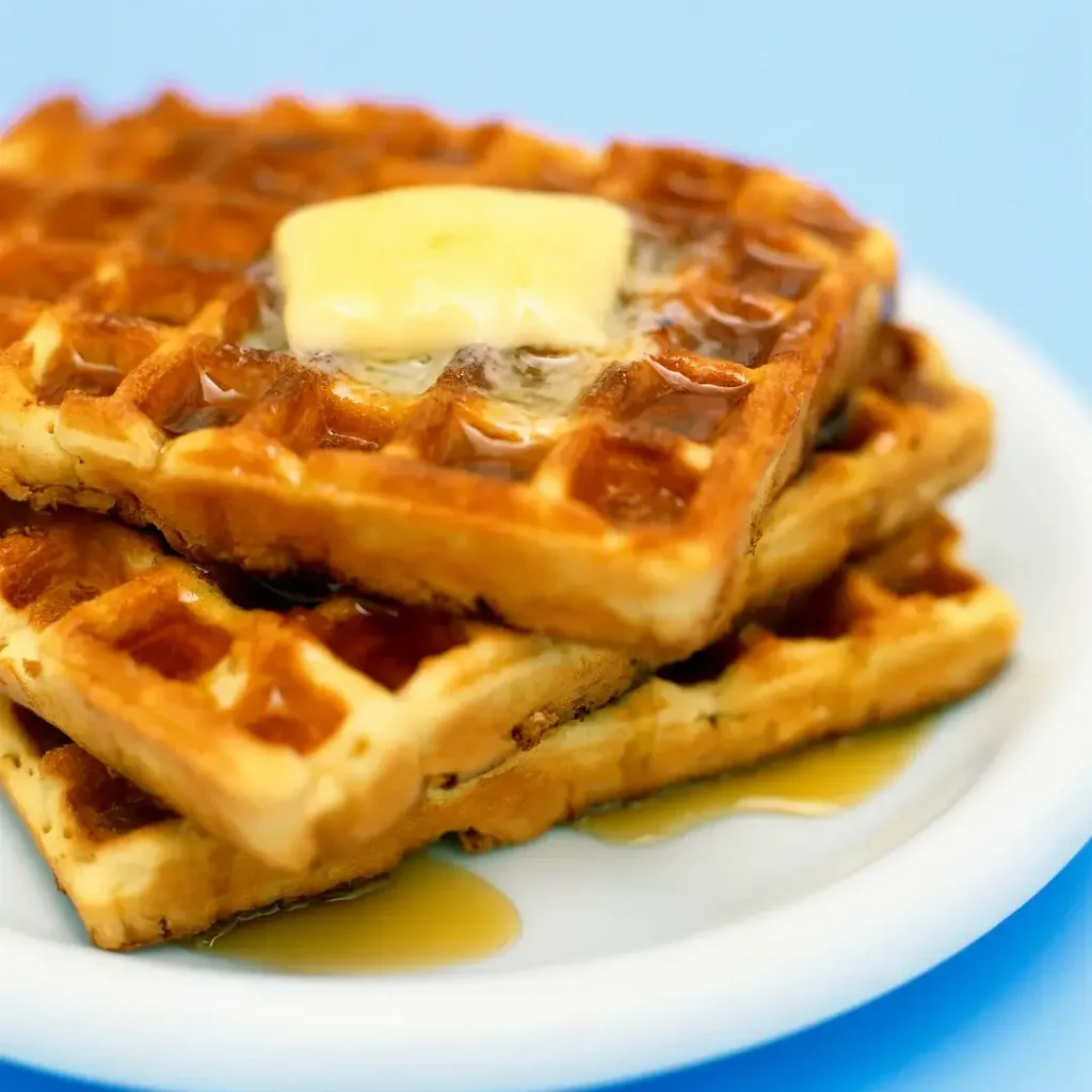Pilha de waffles quadrados dourados com um cubo de manteiga derretendo no topo e mel escorrendo.