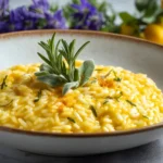 Prato de risotto amarelo vibrante decorado com ervas, mostrando a textura cremosa e grãos inteiros.