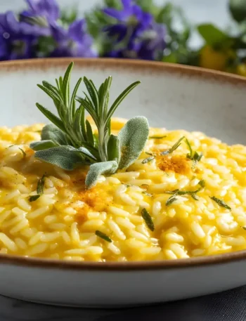 Prato de risotto amarelo vibrante decorado com ervas, mostrando a textura cremosa e grãos inteiros.