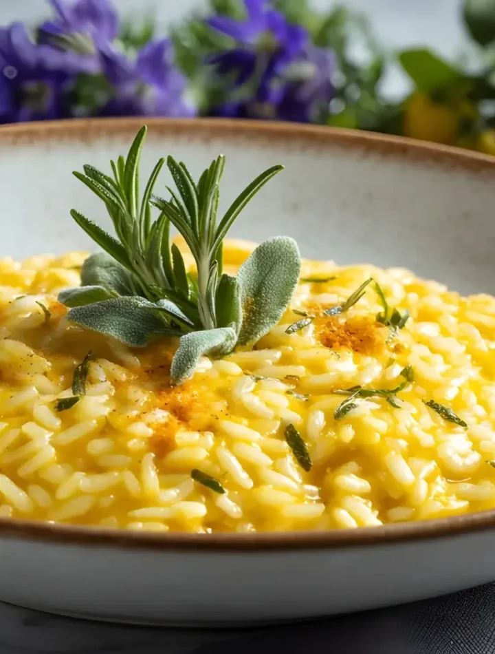 Prato de risotto amarelo vibrante decorado com ervas, mostrando a textura cremosa e grãos inteiros.