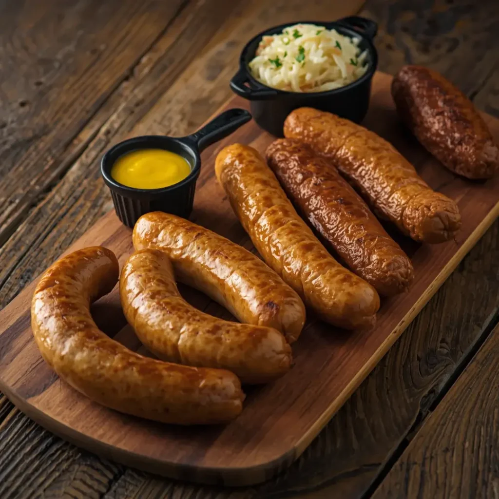 Tábua de madeira com diversas salsichas alemãs douradas, servidas com potes de mostarda e chucrute.