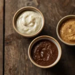 Três pequenas tigelas contendo pasta de miso nas cores branca, amarela e marrom escuro sobre uma mesa de madeira.