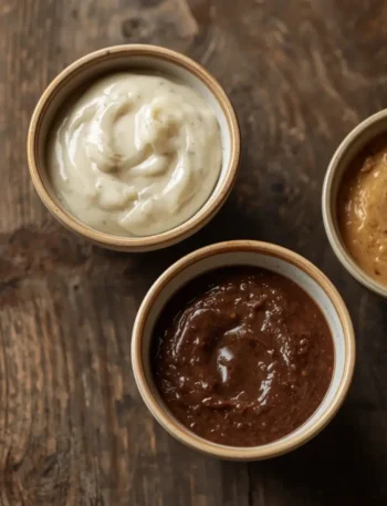Três pequenas tigelas contendo pasta de miso nas cores branca, amarela e marrom escuro sobre uma mesa de madeira.
