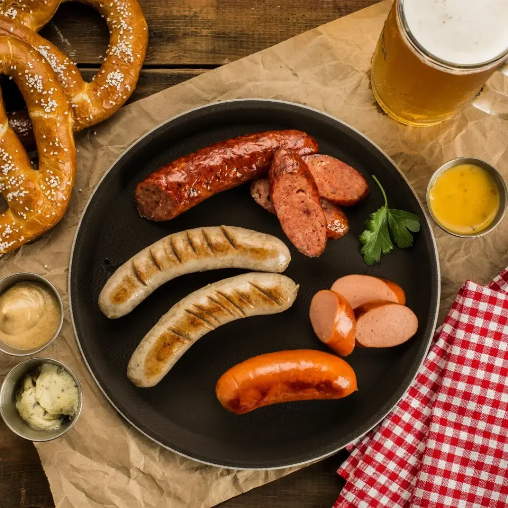 Um copo alto de cerveja de trigo clara e turva ao lado de um prato com salsichas brancas, mostarda e um pretzel.