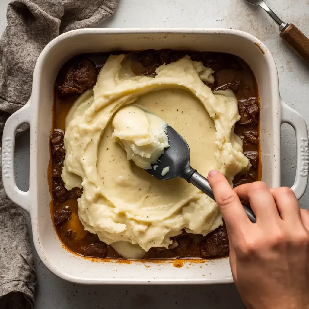 Uma mão usando uma espátula para espalhar purê de batata branco sobre uma base de carne escura em um refratário.