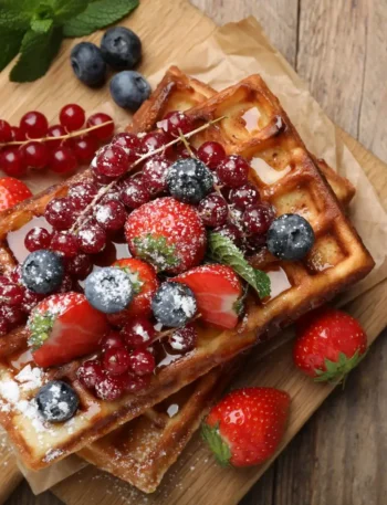 Waffle belga coberto com morangos frescos, mirtilos e polvilhado com açúcar fino.